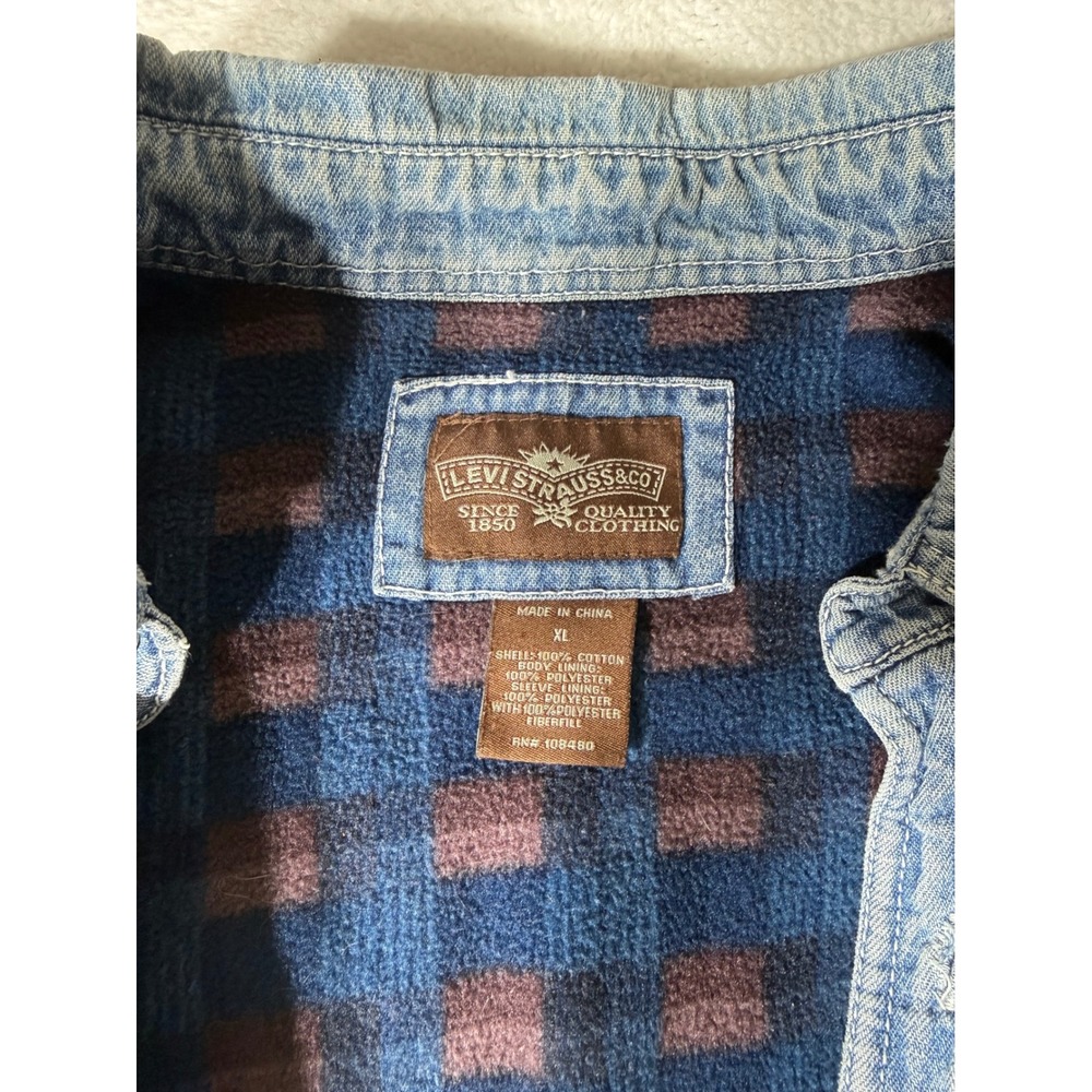 Levi Strauss Denim‎ Shirt Jacket Men XL Blue Good Fleece Lined Plaid Workwear - Picture 2 of 12